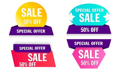 Sale,
Special offer, 50% discount.
Set of promotional sticker, tag.
Low prices.
Retail business promotion icon. Attraction of clients. Selling various products for a limited time.
Vector illustration.