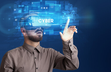 Businessman looking through Virtual Reality glasses