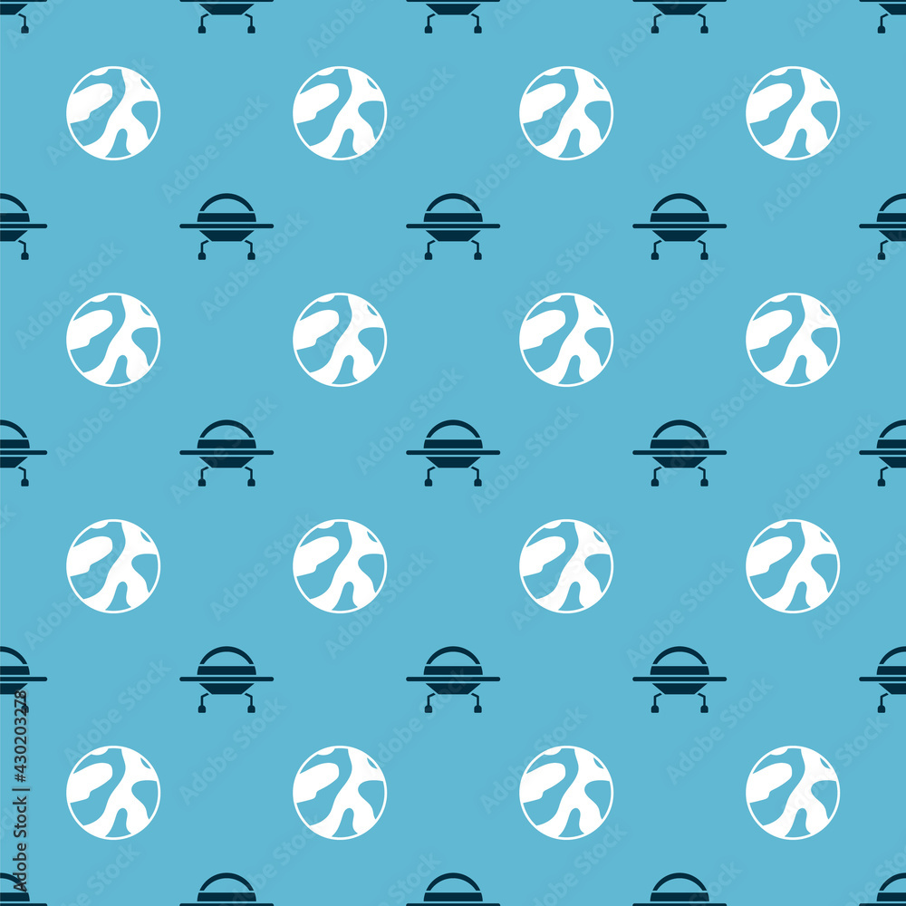 Poster set ufo flying spaceship and planet on seamless pattern. vector