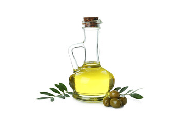 Glass bottle of olive oil isolated on white background