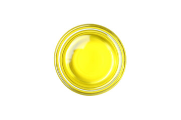 Glass bowl of olive oil isolated on white background