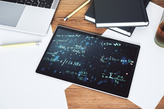 Creative scientific formula illustration on modern digital tablet display, science and research concept. Top view. 3D Rendering