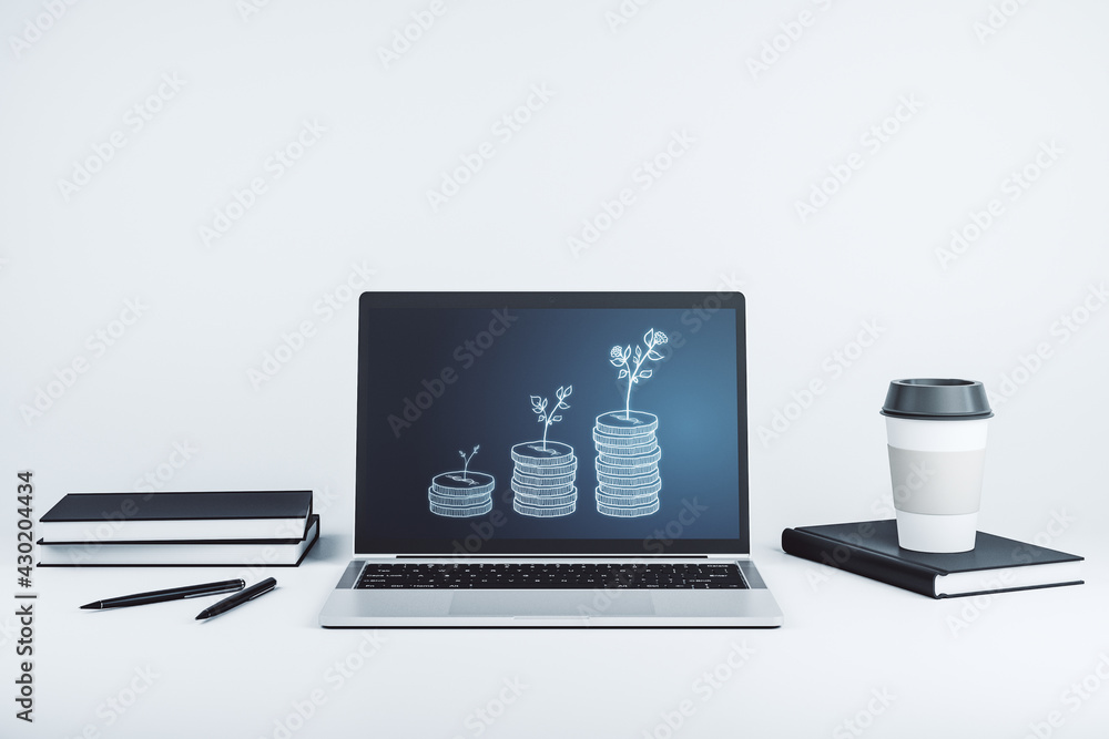 Poster creative abstract cash savings sketch on modern computer monitor, success and solution concept. 3d r