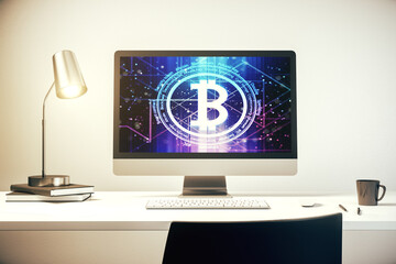 Modern computer monitor with creative Bitcoin symbol. Cryptocurrency concept. 3D Rendering