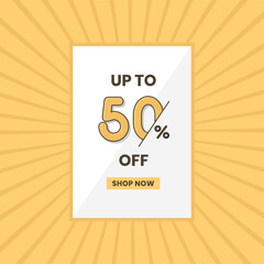 Up to 50% off sales offer. Promotional sales banner up to 50% discount offer