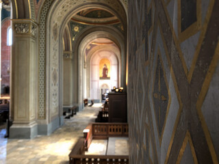 Oppulent Bavarian Byzantine Basilica interior style architecture inside Roman Catholic church or...
