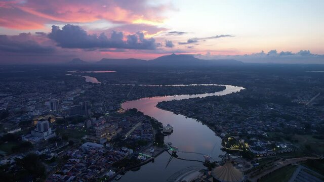 Kuching, Sarawak Malaysia - April 26 2021: The buildings, landmarks and scenery of Kuching city, capital of Sarawak, Borneo island. 