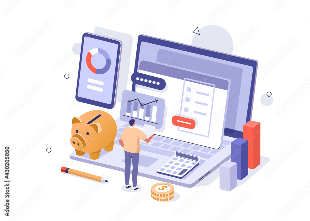 Poster character analyzing charts, graphs, planning business strategy and managing data and finance on lapt