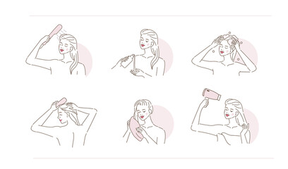 Beauty Girl Take Care of her Hair. Instruction How to Wash Hair Properly. Woman Washing, Drying Hair with Towel and Hairdryer.  Beauty Haircare Routine. Flat Line Vector  Illustration and Icons set. - obrazy, fototapety, plakaty