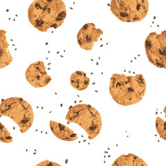 Chocolate chips cookies top view, seamless pattern vector illustration on white background 