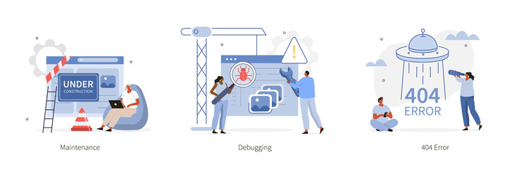 Various Programming and Coding Icons. Under Construction, Debugging and 404 Error Concepts.  Characters working  in Software Development Industry. Flat Cartoon Vector Illustration.