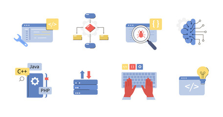 Programming Learning, Algorithms, Debugging, Code Writing and other Programming and Coding Icons. Software Development Signs Collection. Technology Concept. Flat Cartoon Vector Illustration.