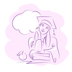 A young girl graduate of the university in a gown and an academic hat dreams of the future. Line drawing graphic vector illustration.