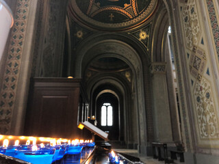 Oppulent Bavarian Byzantine Basilica interior style architecture inside Roman Catholic church or...