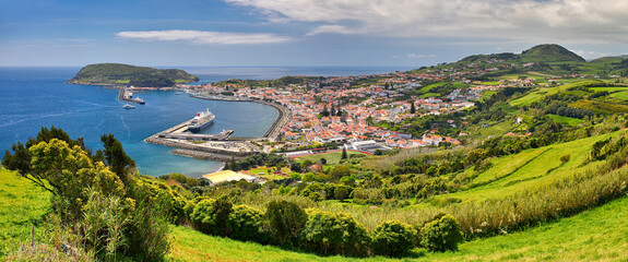 City of Horta and Horta Bay - panoramic view from the Nossa Senhora da Conceicao outlook (Faial Island, Azores) 