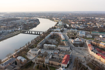 Aerial view of the central part of Pskov, welcome to Russia, the tourist center of the Russian city.