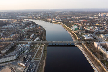 Obraz premium Aerial view to the central part of Pskov. The Great River and the main attractions.