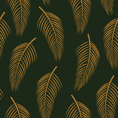 Vintage vector illustration with palm seamless pattern Golden lush foliage on deep green background