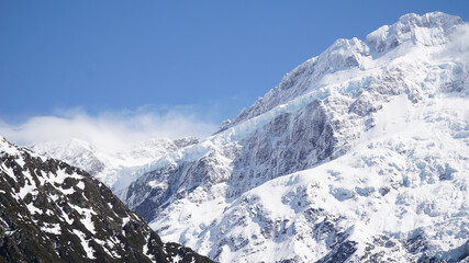 Mount Cook Peak in a snowy mountain landscape on the South Island of New Zealand.