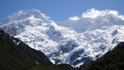 Mount Cook Peak in a snowy mountain landscape on the South Island of New Zealand.
