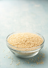 White sesame seeds in glass bowl on concrete background