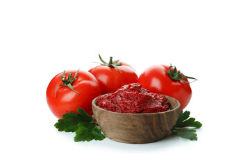 Bowl of tomato paste and tomatoes isolated on white background