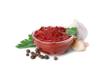 Bowl of tomato paste isolated on white background