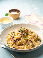 Risotto with mushrooms, parmesan cheese and parsley in plate on concrete background