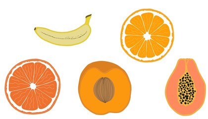 banana, orange, grapefruit, peach, papaya isolated on white background