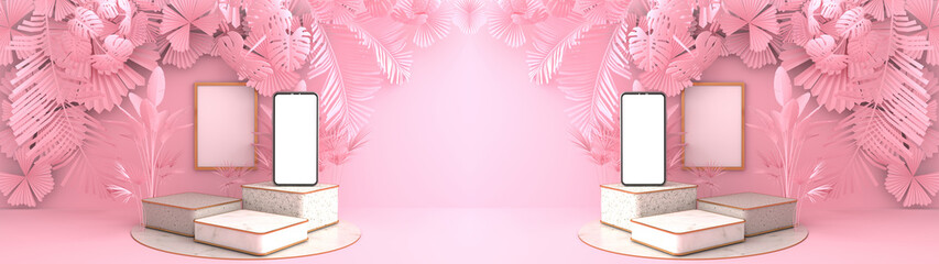 3D rendering of Smartphone white screen resting on a square marble Podium. The pink leaves and pink palm overlap to form art dimensions. Pedestal Can be used for advertising, on pink background.