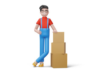 Happy delivery man with package box, 3d rendering.