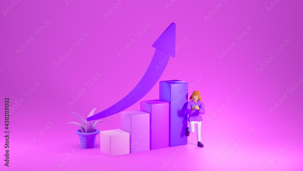 Poster 3d render of bar graph and woman. business online mobile and e-commerce on web shopping concept. sec