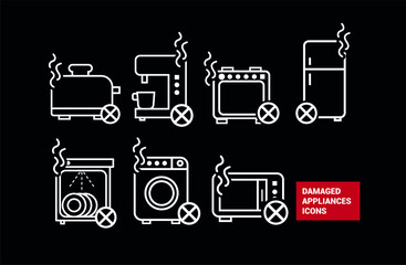 Vector image. Different icons of broken home appliances.