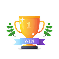 Winner trophy isolated on white. Colorful bright gold trophy with ribbon. 