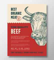 Animal Portrait Organic Meat Abstract Vector Packaging Design or Label Template. Farm Grown Beef Steaks Banner. Modern Typography and Hand Drawn Cow Head Sketch Background Layout with Soft Shadow
