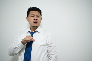 Happy young business man in classic blue shirt tie. Achievement career wealth business concept. Mock up copy space