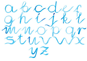 Cute marine font in blue color isolated on white background. Watercolour. Inscription. Text. Letter. Wallpaper. Banner. Alphabet. Postcard. Print.