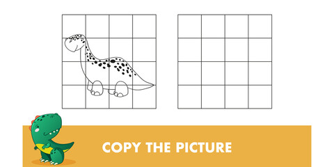 Copy the picture. Kids educational game with dino. Cute dinosaur cartoon vector illustration.