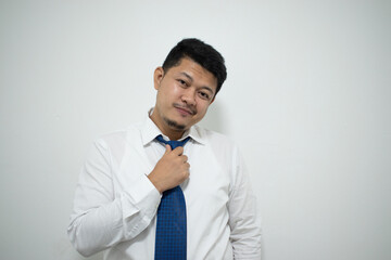 Happy young business man in classic blue shirt tie. Achievement career wealth business concept. Mock up copy space