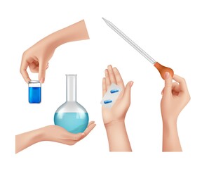 Medications. Pharmaceutical elements, vaccine and pills. Isolated hand holding chemical and medicine tools vector set