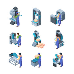 Machine tools workers. Heavy factory engineers metalic technology production milling drilling processes garish vector isometric collection