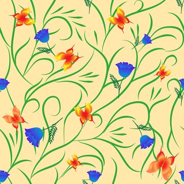 Summer pattern with flower, butterflies on yellow