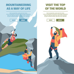 Wall climbers. Banners with risk strong brave persons mountain climbers garish vector business banners with place for text