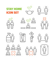 Stay home icon. Social area healthcare prevention covid vaccination public self disinfection garish vector icon collection