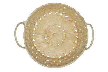 Round wicker basket isolated on white background. Top view.