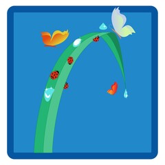 Ladybird and butterflies on leaf in blue square