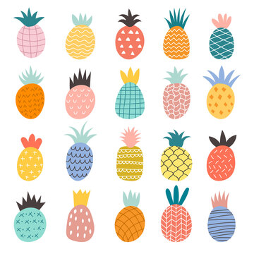 Hand drawn pineapples. Exotic fruits cute illustrations recent vector doodle collection of pineapple © ONYXprj