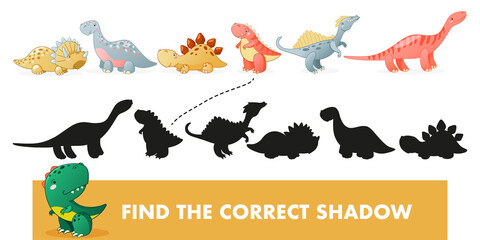 Find the correct shadow. Kids educational game with dino. Cute dinosaur cartoon vector illustration.