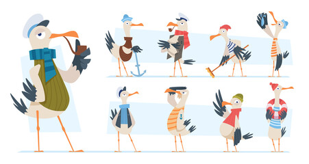 Seagull. Bird sailor or captain in ocean seaside exact vector funny mascot in cartoon style - obrazy, fototapety, plakaty