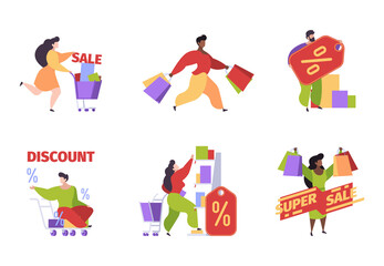 Customers in market. Shopping people with bags and packages mall persons e commerce garish vector customers flat illustrations